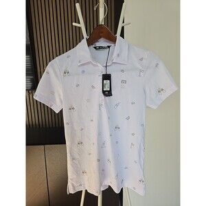 New Travis Mathew Polo Shirt Womens Sz S White AOP High Noon Short Sleeve Golf
